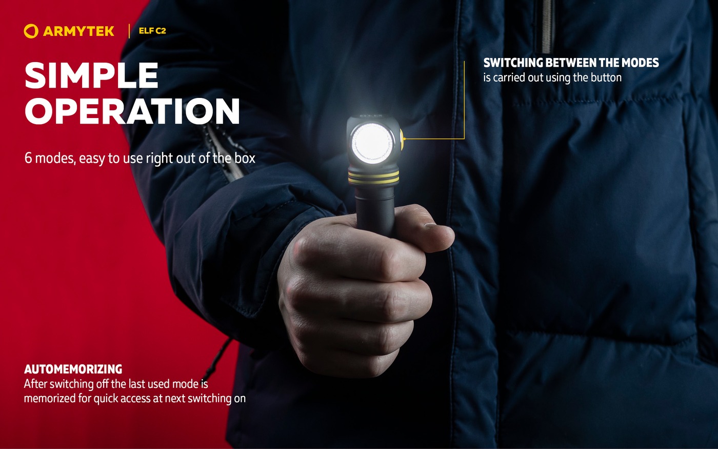 Infografika Armytek Elf C2: ruka drží rozsvietenú baterku, šesť režimov na jednom tlačidle a pamäť posledného režimu