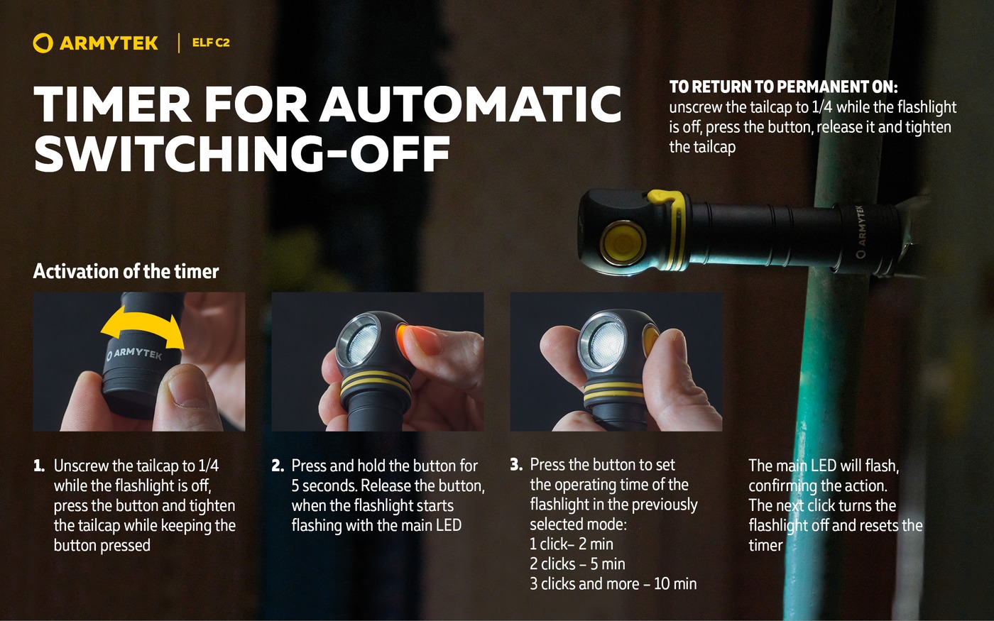 Infografika Armytek Elf C2: časovač automatického vypnutia po 2, 5 alebo 10 minútach a tri fotky postupu nastavenia