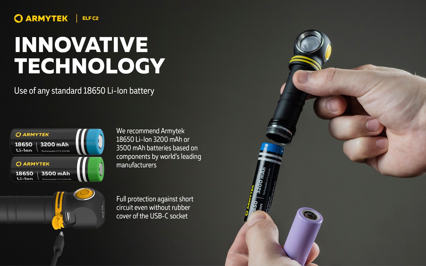 Infografika Armytek Elf C2: ruky vkladajú článok Armytek 18650 3200 mAh do tela, rendery článkov a zásuvky USB-C