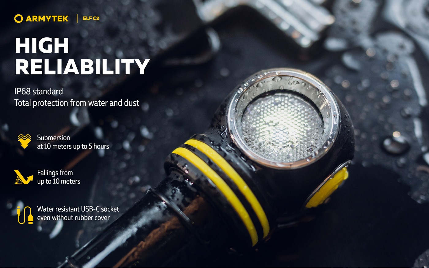 Infografika Armytek Elf C2: mokrá svietiaca hlava na mokrom povrchu, IP68, ponor 10 m na 5 hodín a pád z 10 m