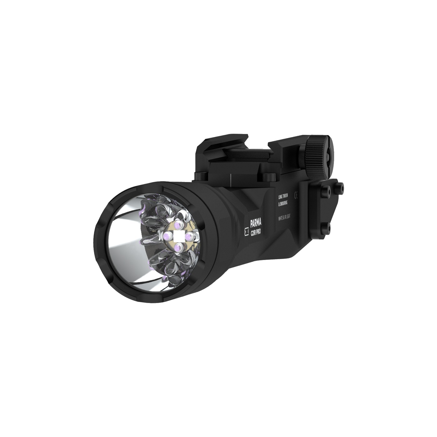 Armytek Parma C2IR Pro, render hlavy zo 3/4 spredu: biela LED v strede reflektora a okolo nej štyri IR LED