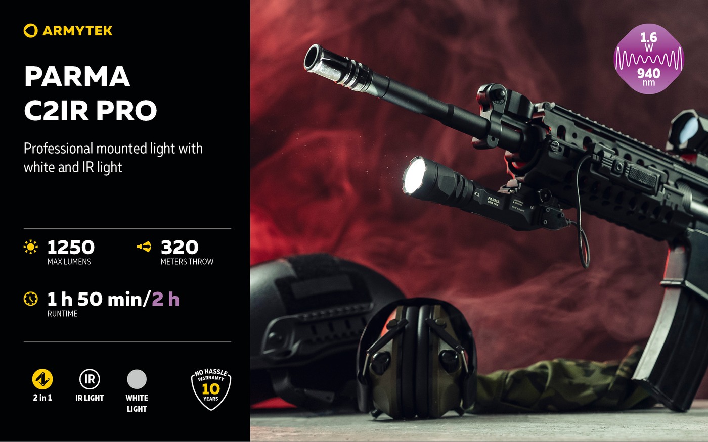 Armytek Parma C2IR Pro pod predpažbím karabíny so spínačom, 1250 lm, 320 m, výdrž 1 h 50 min a 2 h, IR 1,6 W a 940 nm