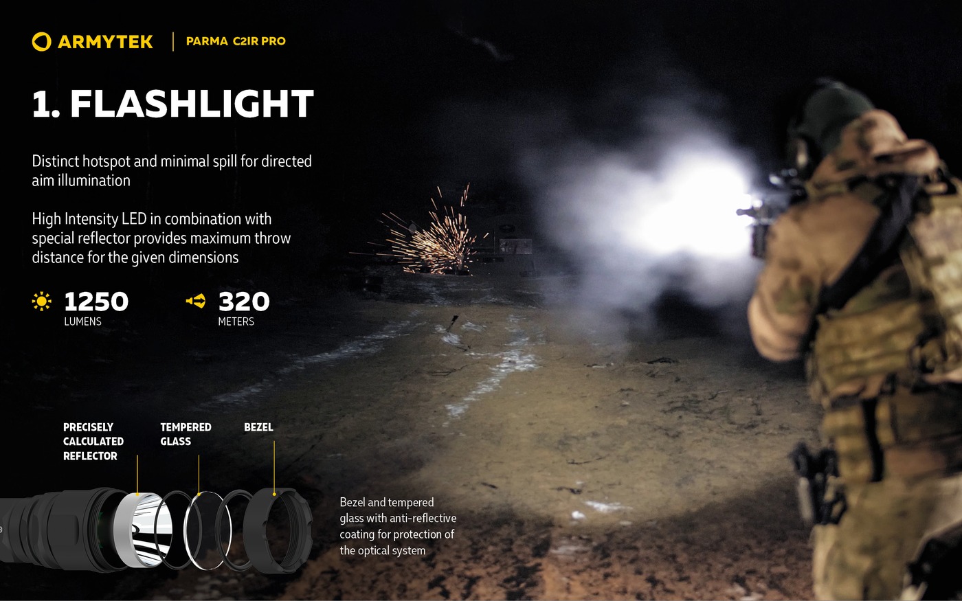 Strelec v noci svieti bielym svetlom Armytek Parma C2IR Pro na oceľový terč, rozložená hlava s reflektorom, sklom a bezelom