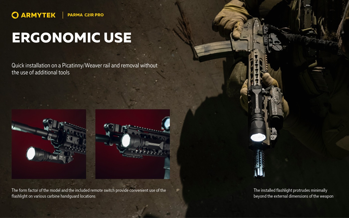 Muž drží karabínu so svietiacou Armytek Parma C2IR Pro na boku predpažbia, malé fotky pod predpažbím a na boku