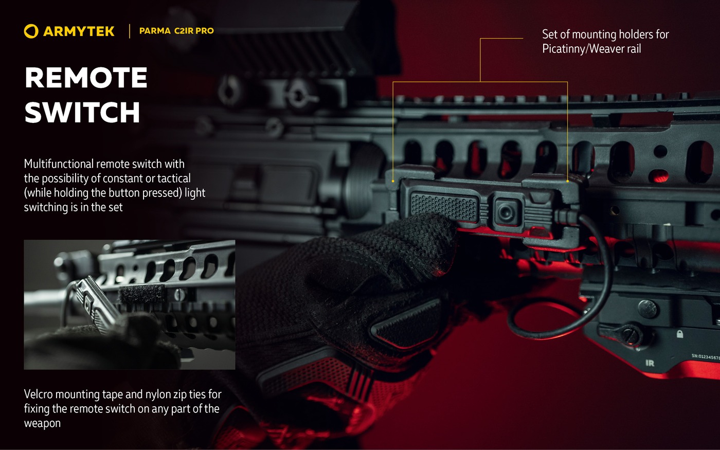 Diaľkový spínač Armytek Parma C2IR Pro v dvoch držiakoch na predpažbí, kábel k baterke a uchytenie suchým zipsom
