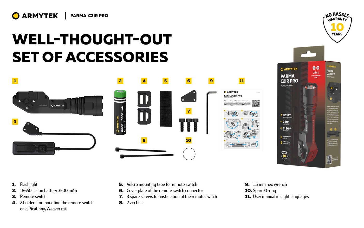 Balenie Armytek Parma C2IR Pro: baterka, článok 18650, diaľkový spínač, držiaky, suchý zips, skrutky, kľúč a krabica