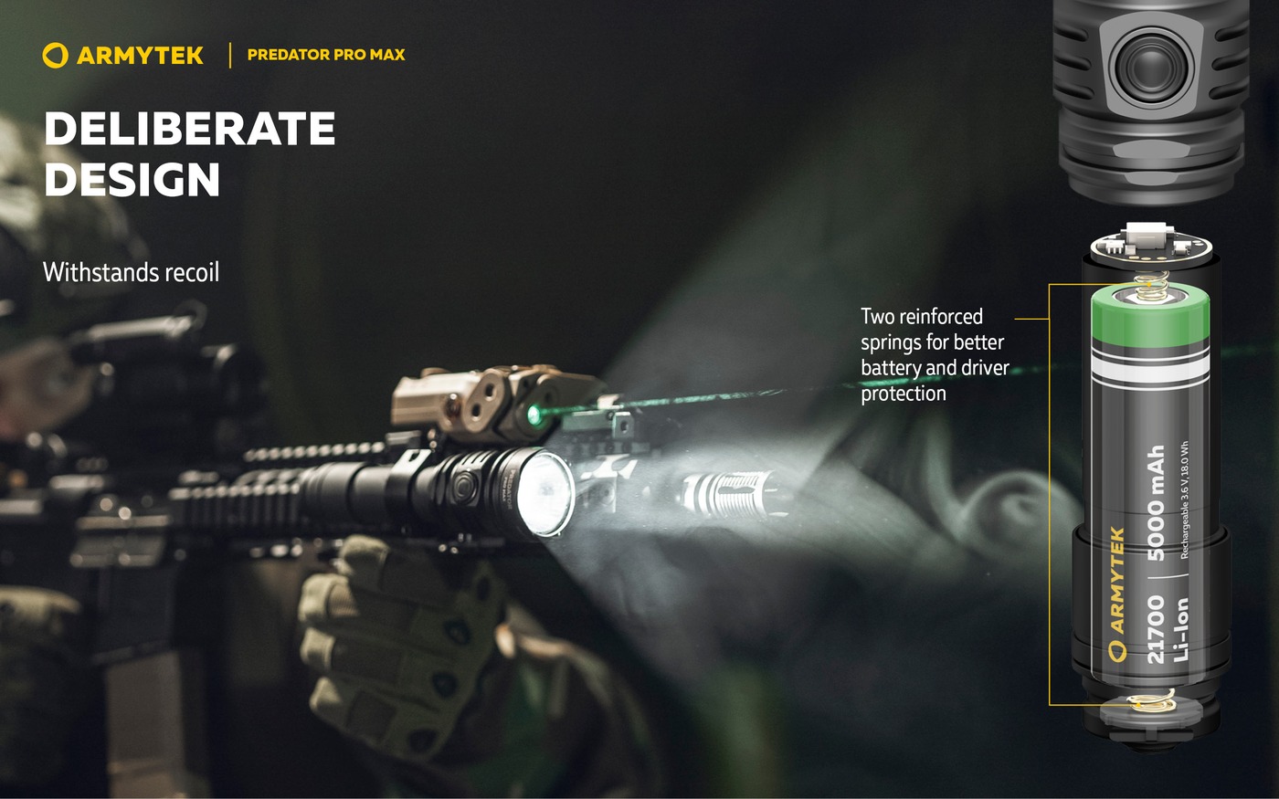 Armytek Predator Pro Max odoláva spätnému rázu, rez telom s článkom 21700 a dvoma zosilnenými pružinami