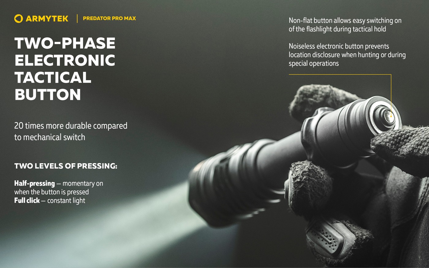 Dvojfázové elektronické taktické tlačidlo Armytek Predator Pro Max: polostlačenie a plný klik, tichý chod