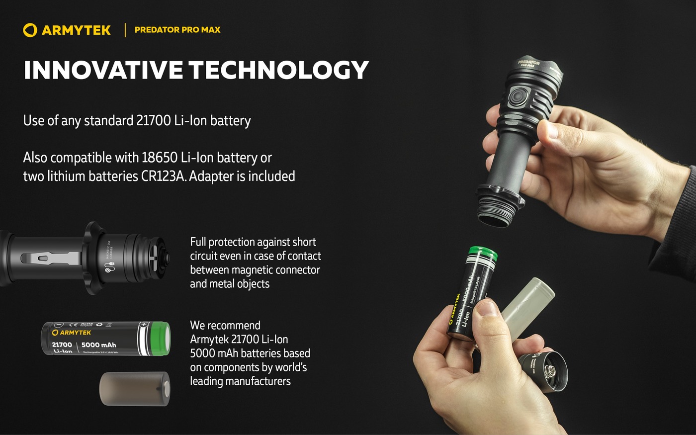 Vkladanie článku 21700 do Armytek Predator Pro Max, adaptér pre 18650 alebo 2× CR123A 3 V, ochrana proti skratu