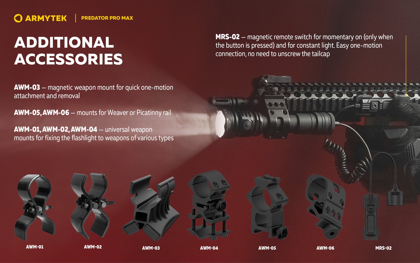 Voliteľné príslušenstvo Armytek Predator Pro Max: zbraňové držiaky AWM-01 až AWM-06 a diaľkový spínač MRS-02