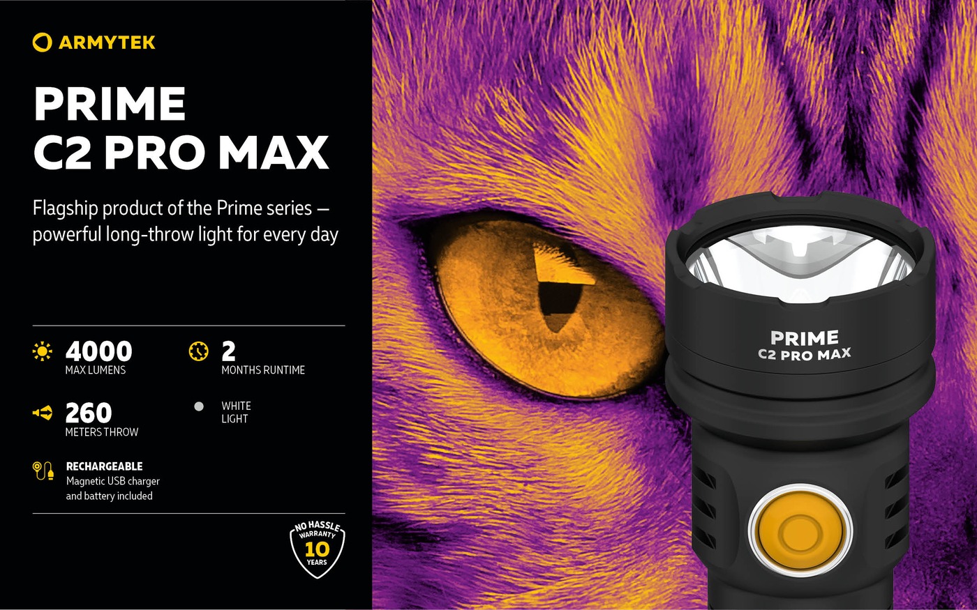 Titulný slajd Armytek Prime C2 Pro Max: hlava baterky pred okom šelmy, 4000 lm, 260 m, 2 mesiace, biele svetlo