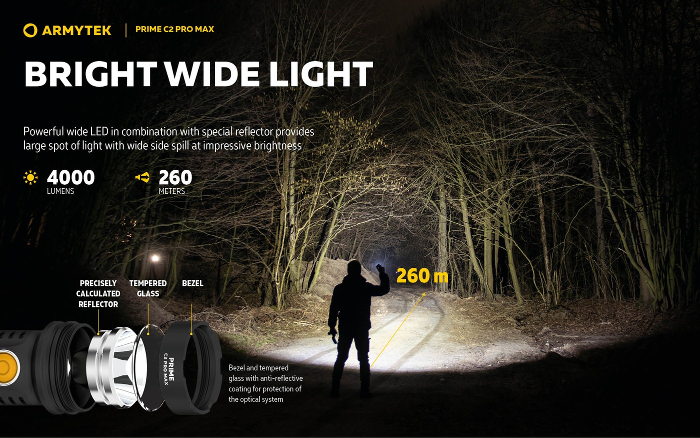 Muž na nočnej lesnej ceste svieti baterkou Armytek Prime C2 Pro Max, šípka dosvitu 260 m a rozložená optika hlavy