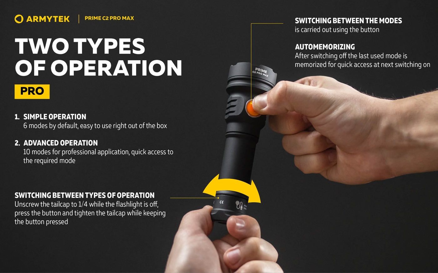 Ruky držia Armytek Prime C2 Pro Max so svietiacim tlačidlom, infografika jednoduchého a pokročilého ovládania