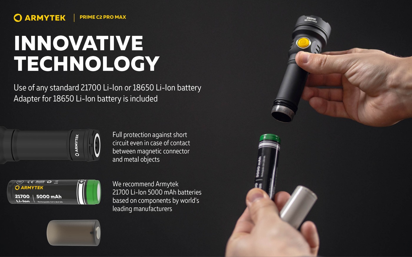 Ruky držia telo Armytek Prime C2 Pro Max bez koncovky a článok 21700, vedľa magnetická koncovka a adaptér na 18650