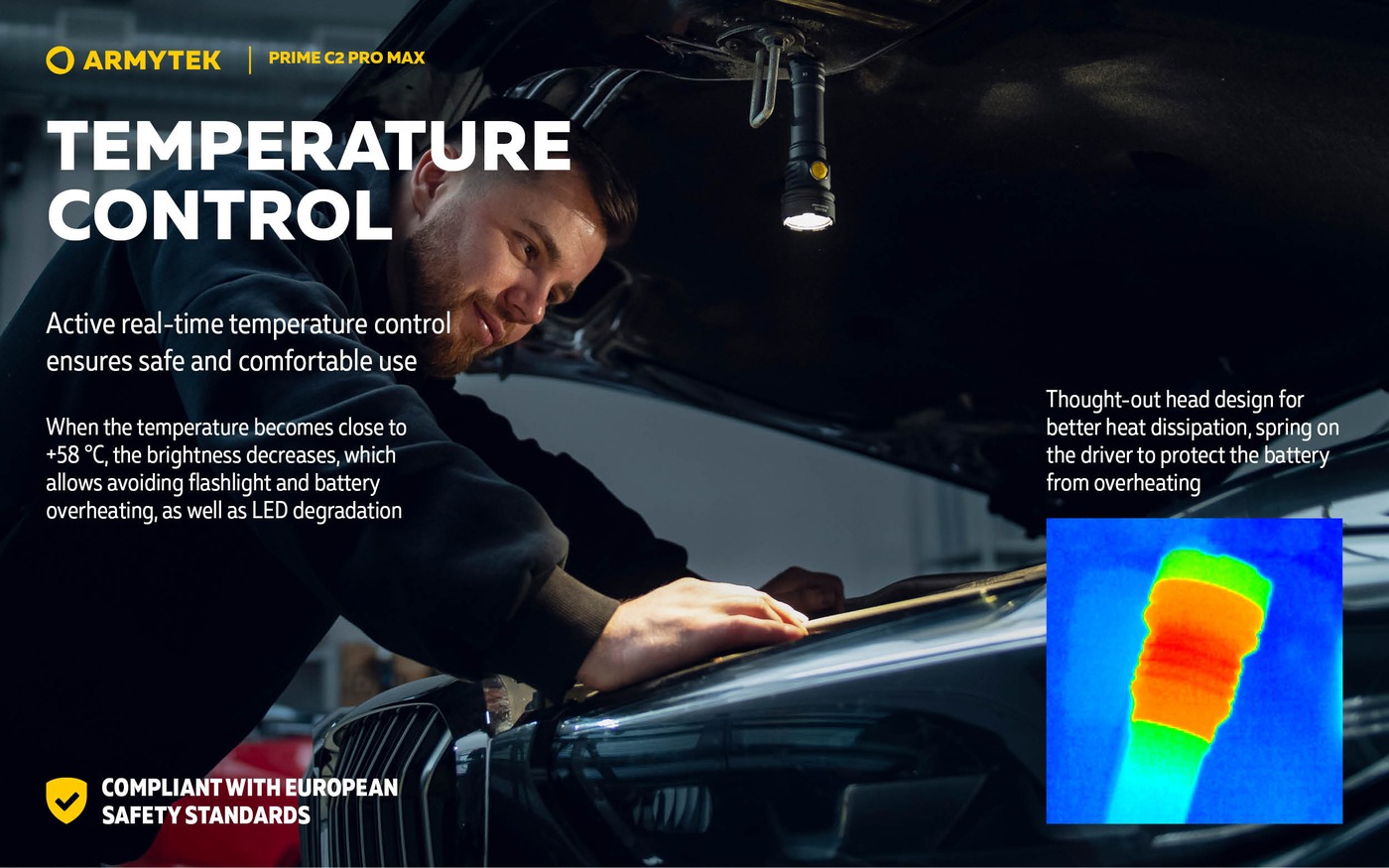 Automechanik pod kapotou, Armytek Prime C2 Pro Max visí zo spodnej strany kapoty, termosnímok hlavy a prah +58 °C