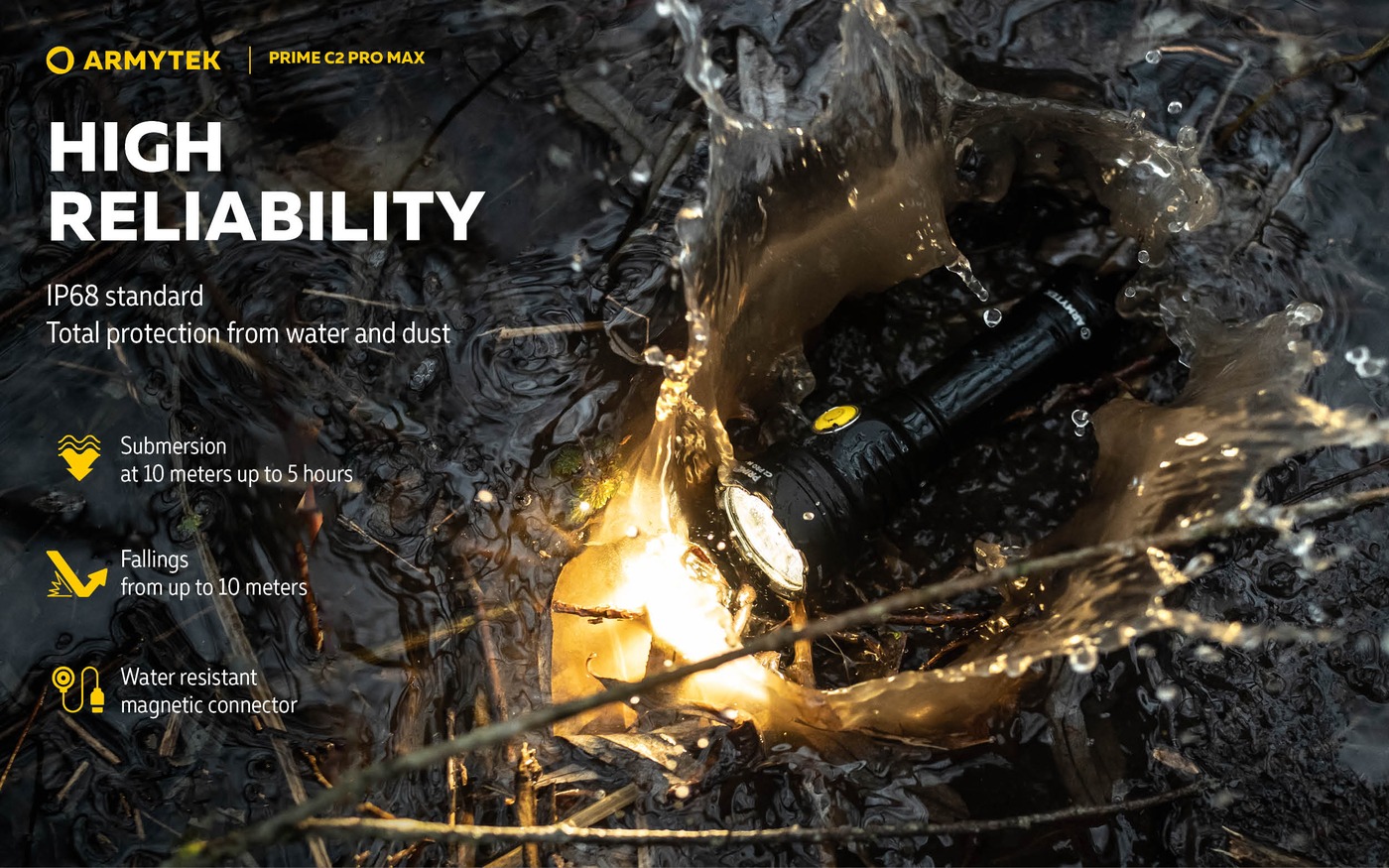 Rozsvietená Armytek Prime C2 Pro Max padá do mláky s lístím, infografika IP68, ponor 10 m na 5 h a pád z 10 m