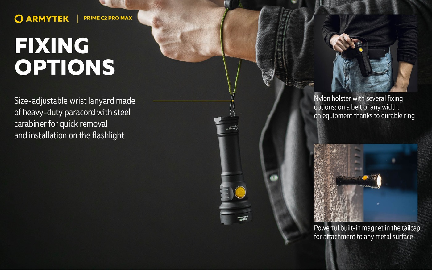 Armytek Prime C2 Pro Max visí na pútku zo zápästia, vložené fotky holstra na opasku a magnetu na kovovej stene