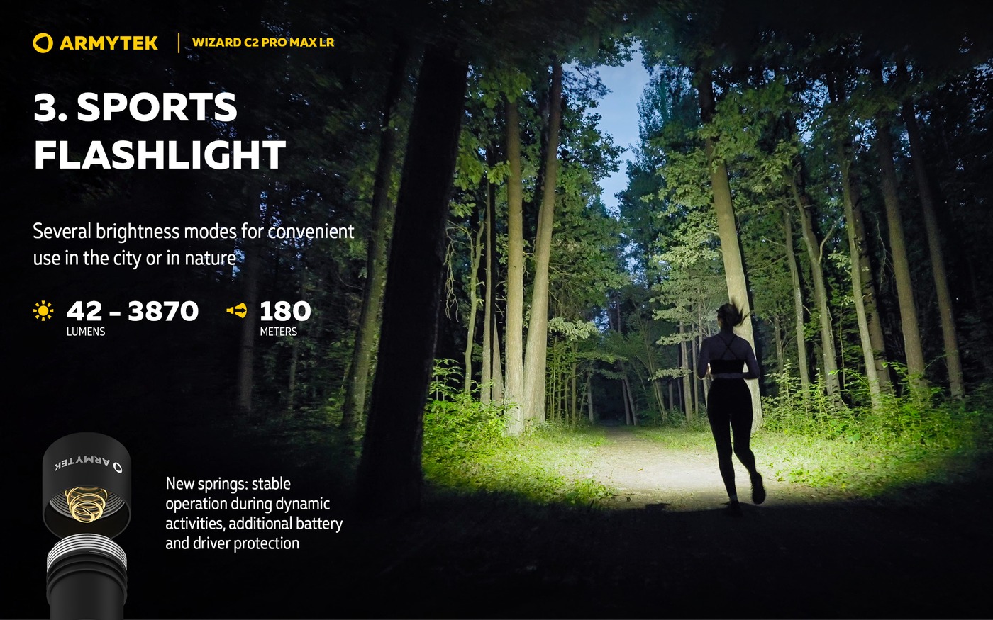 Bežkyňa na lesnej ceste za súmraku, rozsah 42 až 3870 lm a 180 m pre Armytek Wizard C2 Pro Max LR a render pružiny