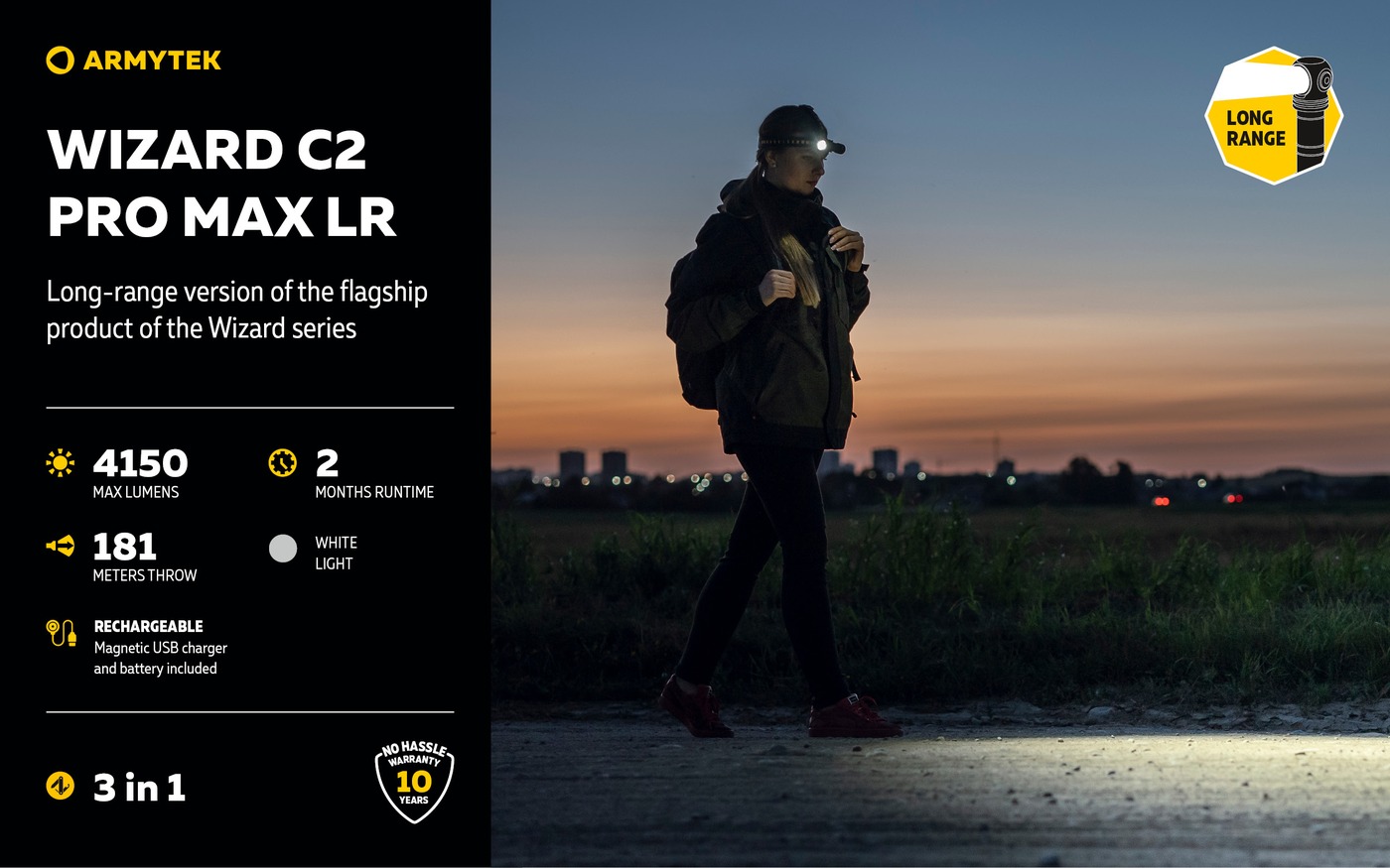 Žena s čelovkou Armytek Wizard C2 Pro Max LR kráča za súmraku, údaje 4150 lm, 181 m, 2 mesiace a štítok WHITE LIGHT