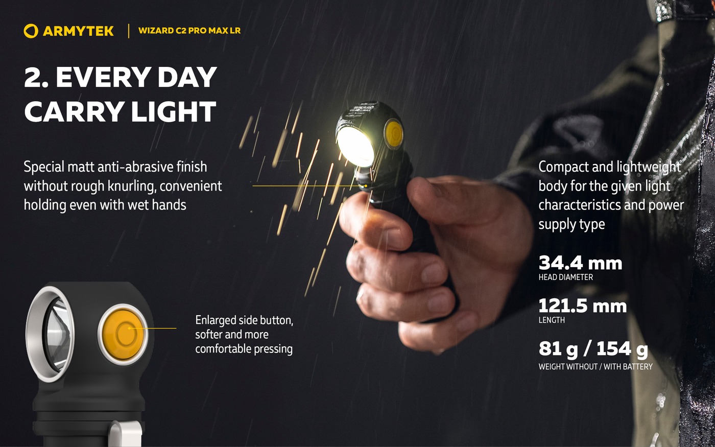 Mokrá ruka drží rozsvietenú Armytek Wizard C2 Pro Max LR v daždi, rozmery hlavy a dĺžky a hmotnosť bez a s článkom