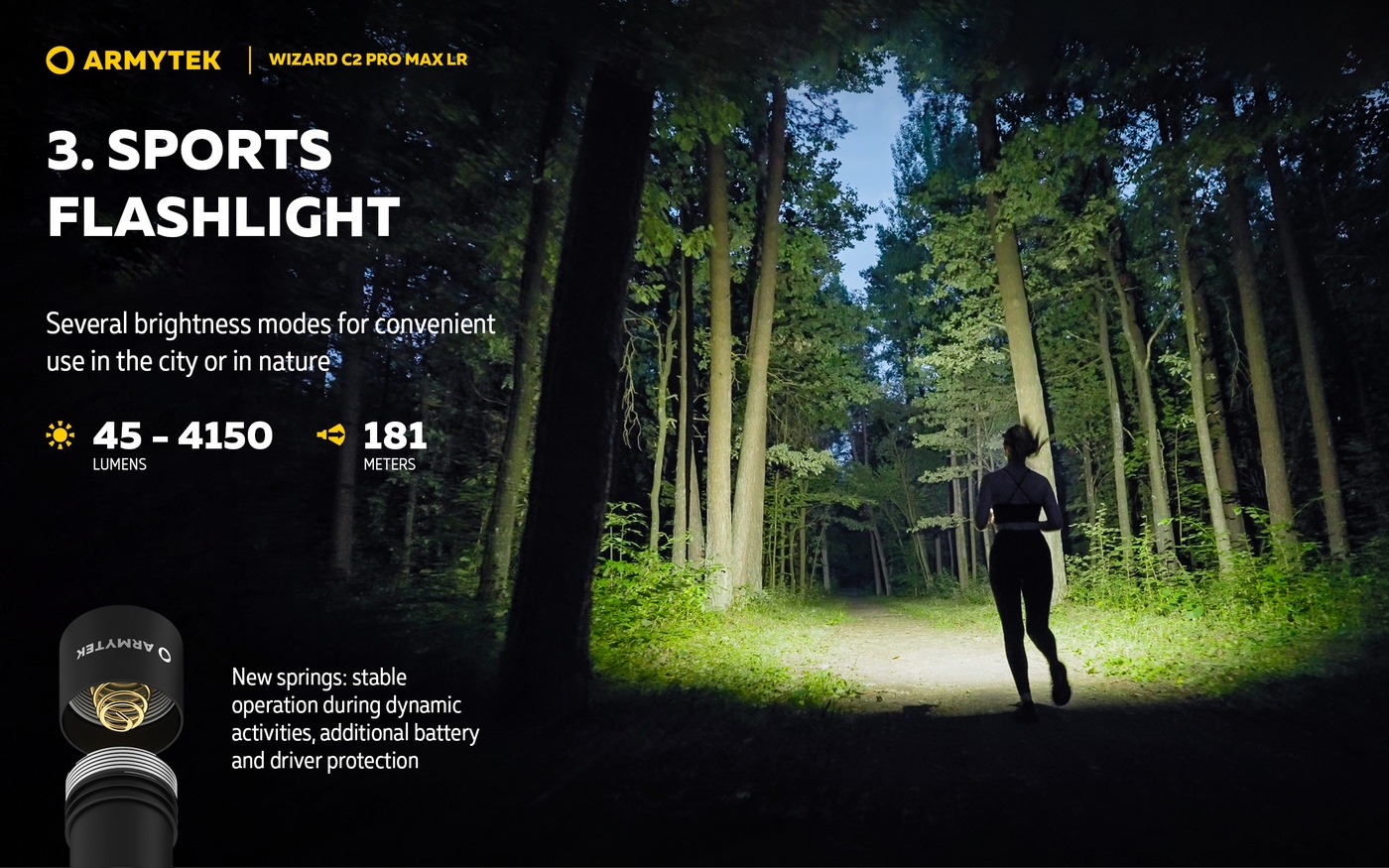 Lesná cesta za súmraku osvetlená Armytek Wizard C2 Pro Max LR, bežkyňa, rozsah 45 až 4150 lm, 181 m a render pružiny