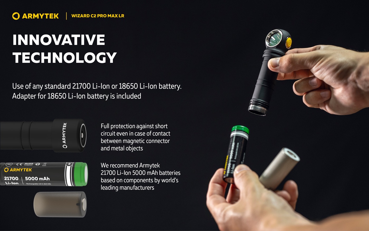 Ruky vkladajú článok 21700 do Armytek Wizard C2 Pro Max LR, adaptér na 18650 a koncový kryt s magnetickým kontaktom