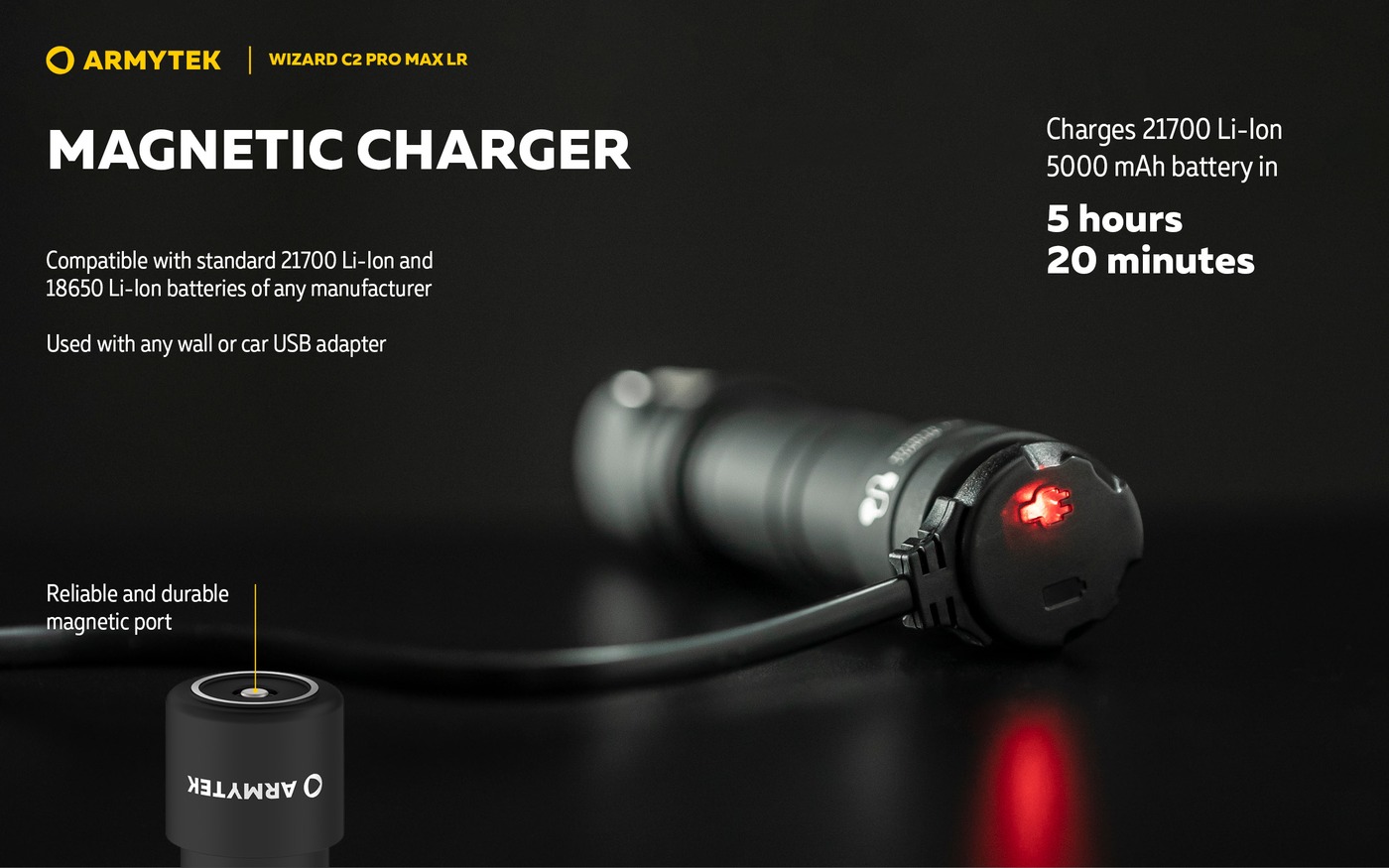 Armytek Wizard C2 Pro Max LR s magnetickou nabíjačkou na koncovom kryte, svietiaca červená ikona a čas 5 h 20 min
