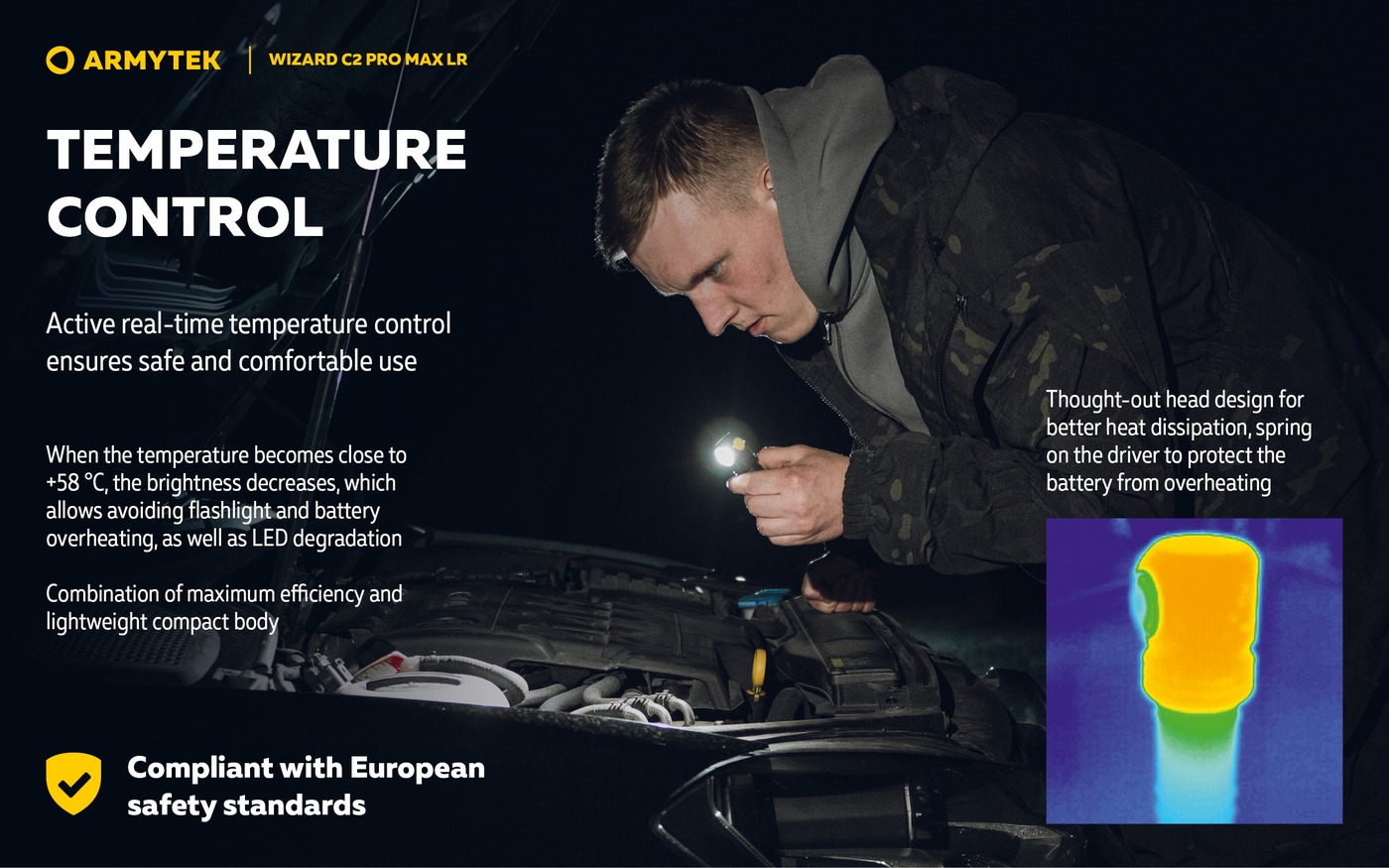 Muž pod kapotou auta svieti baterkou Armytek Wizard C2 Pro Max LR, termosnímka hlavy a prah regulácie +58 °C