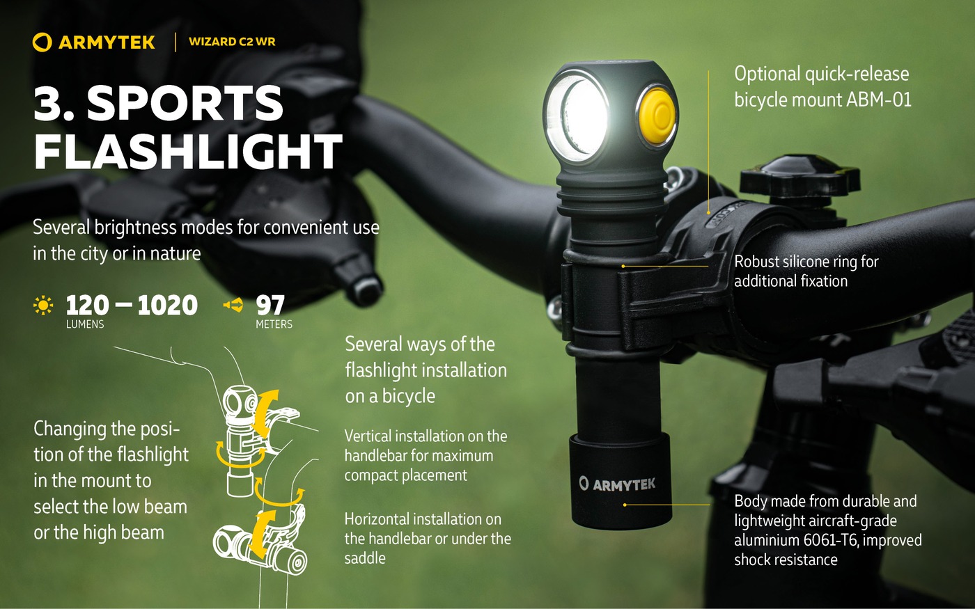 Armytek Wizard C2 WR Warm zvislo v cyklodržiaku na riadidlách, rozsah 120 až 1020 lm, dosvit 97 m a kresby montáže