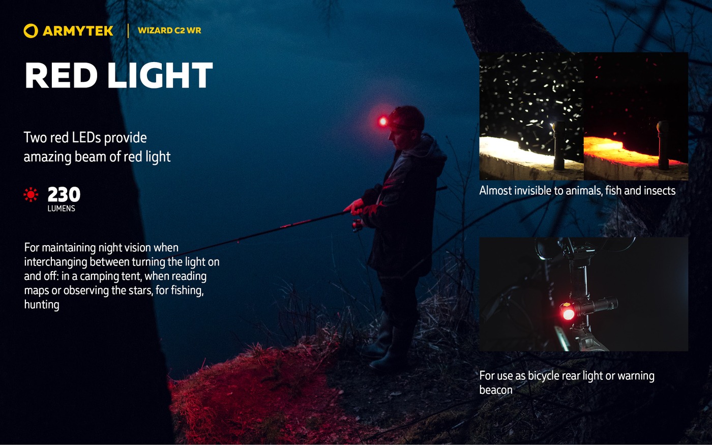 Rybár s čelovkou Armytek Wizard C2 WR si za súmraku svieti na breh červeným svetlom 230 lm, vpravo porovnanie hmyzu