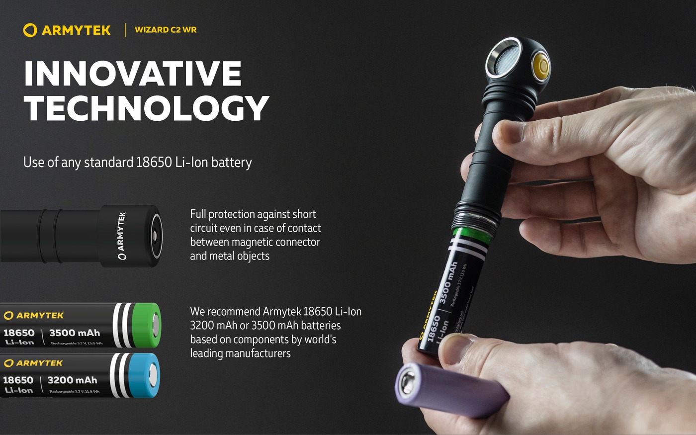 Ruky vkladajú článok Armytek 18650 do tela Wizard C2 WR, vedľa rendery článkov 3200 a 3500 mAh a koncového krytu