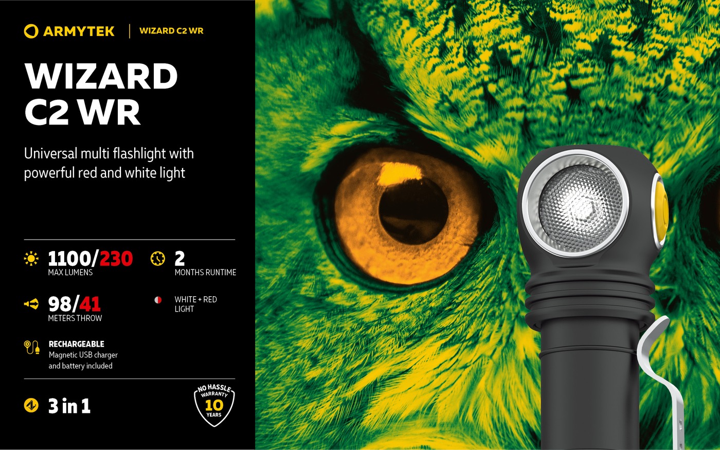 Titulný slajd Armytek Wizard C2 WR s okom sovy: 1100 a 230 lm, dosvit 98 a 41 m, biele a červené svetlo, 3 v 1