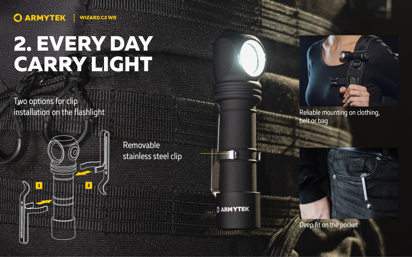Armytek Wizard C2 WR zasunutá oceľovým klipom za popruhy batoha, dve polohy klipu a klip vo vrecku rifieľ