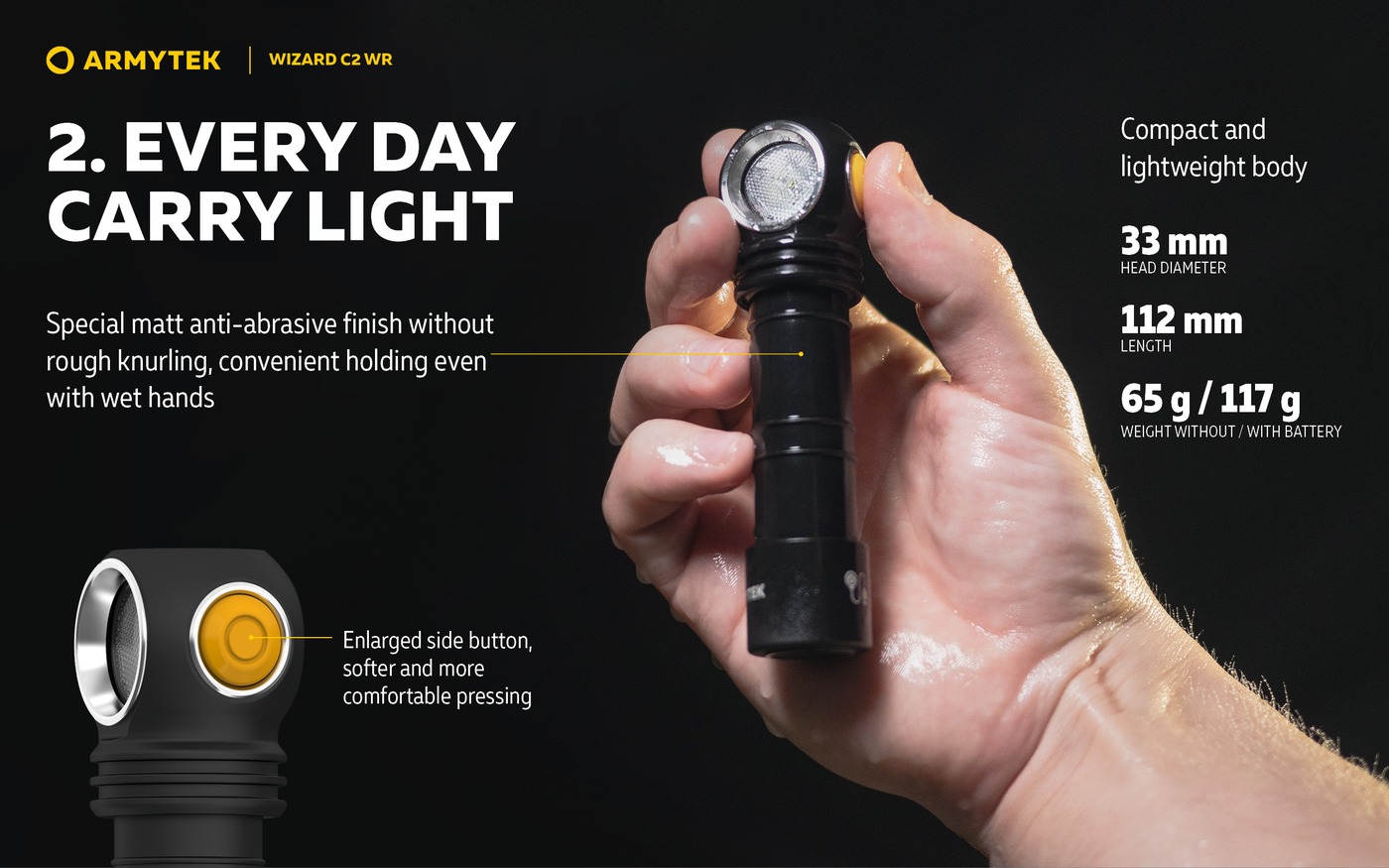 Mokrá ruka drží Armytek Wizard C2 WR s palcom na zväčšenom tlačidle, priemer hlavy 33 mm a dĺžka 112 mm