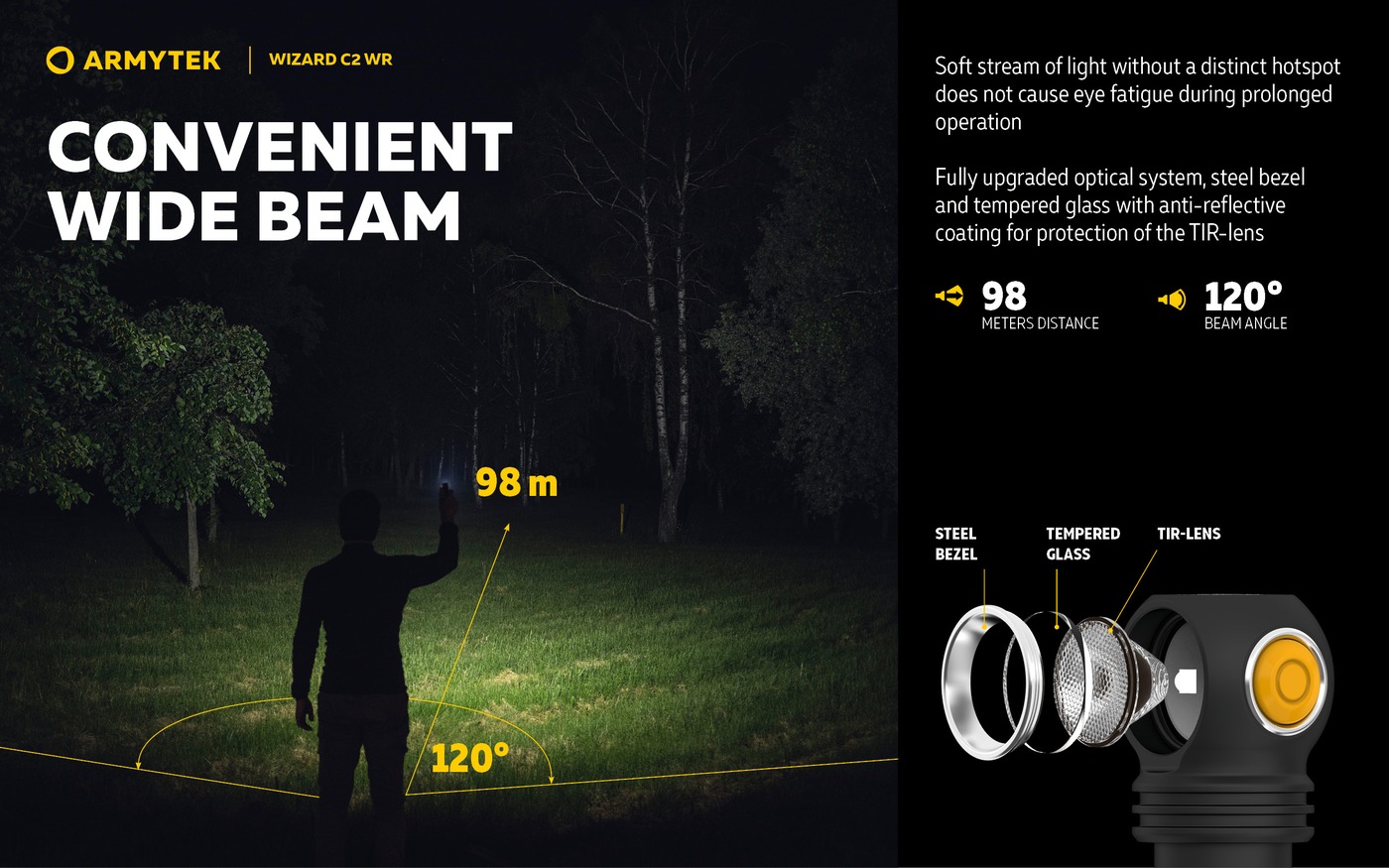 Muž svieti baterkou Armytek Wizard C2 WR na nočnú lúku, dosvit 98 m, uhol lúča 120° a rozložená optika TIR