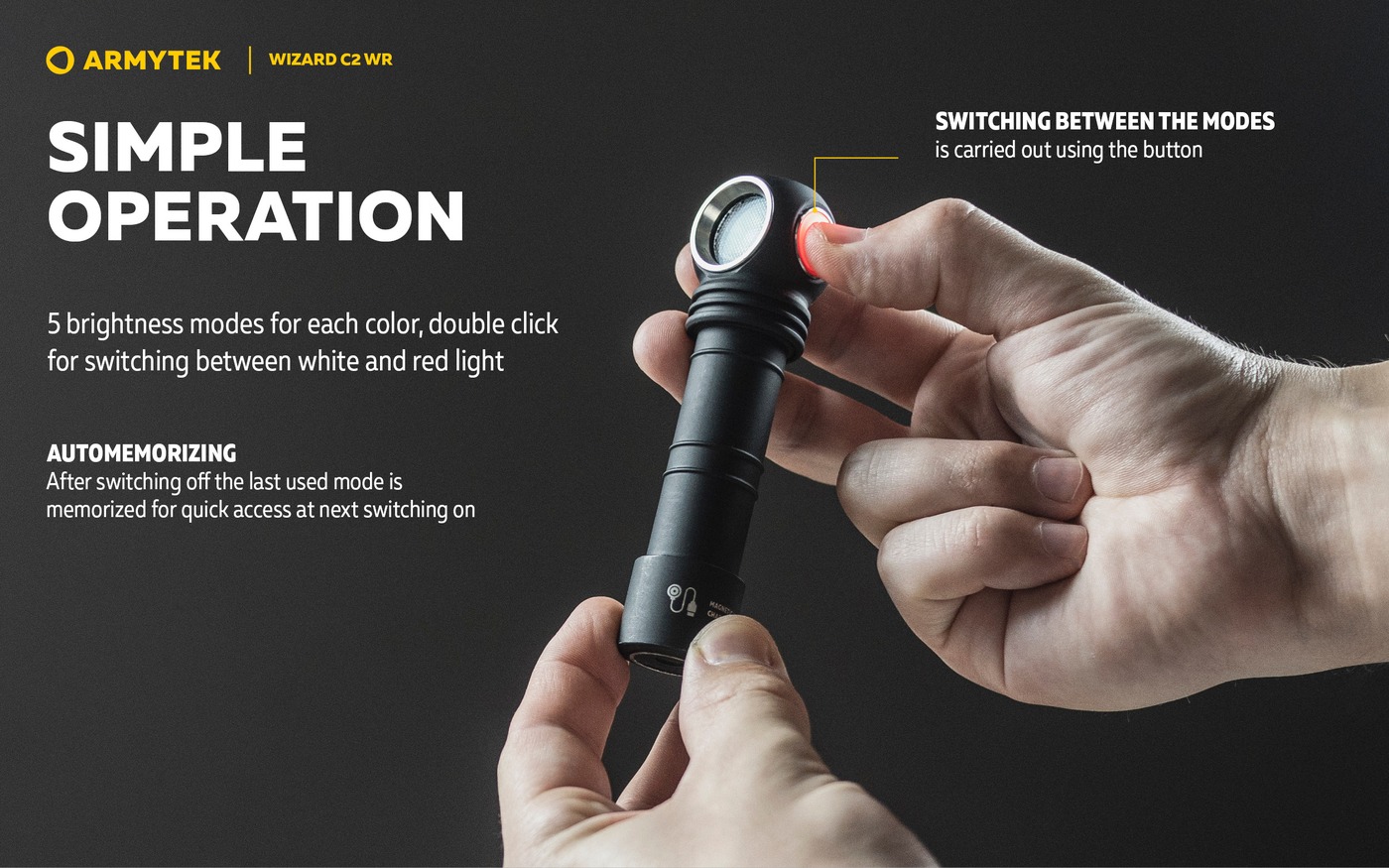 Ruky ovládajú Armytek Wizard C2 WR bočným tlačidlom: 5 režimov pre každú farbu, dvojklik a pamäť režimu