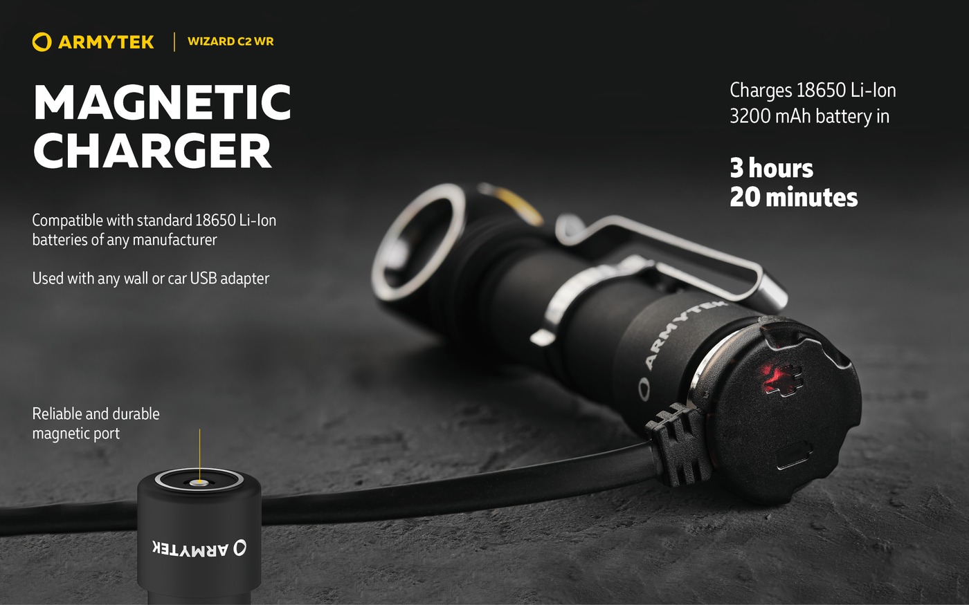 Armytek Wizard C2 WR s magnetickou nabíjačkou na koncovom kryte, svieti červený symbol, nabitie za 3 h 20 min