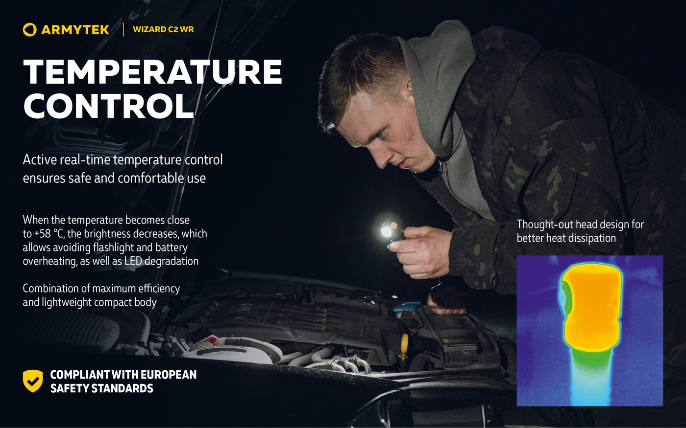Muž pod kapotou auta svieti baterkou Armytek Wizard C2 WR, termosnímka hlavy a regulácia jasu pri +58 °C