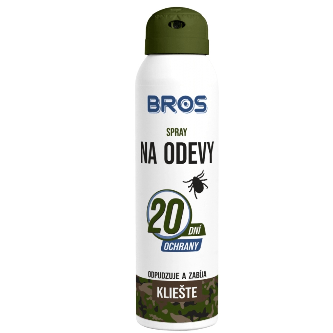 BROS sprej na odevy proti kliešťom 90 ml – biela plechovka so slovenskou etiketou a maskáčovým pruhom