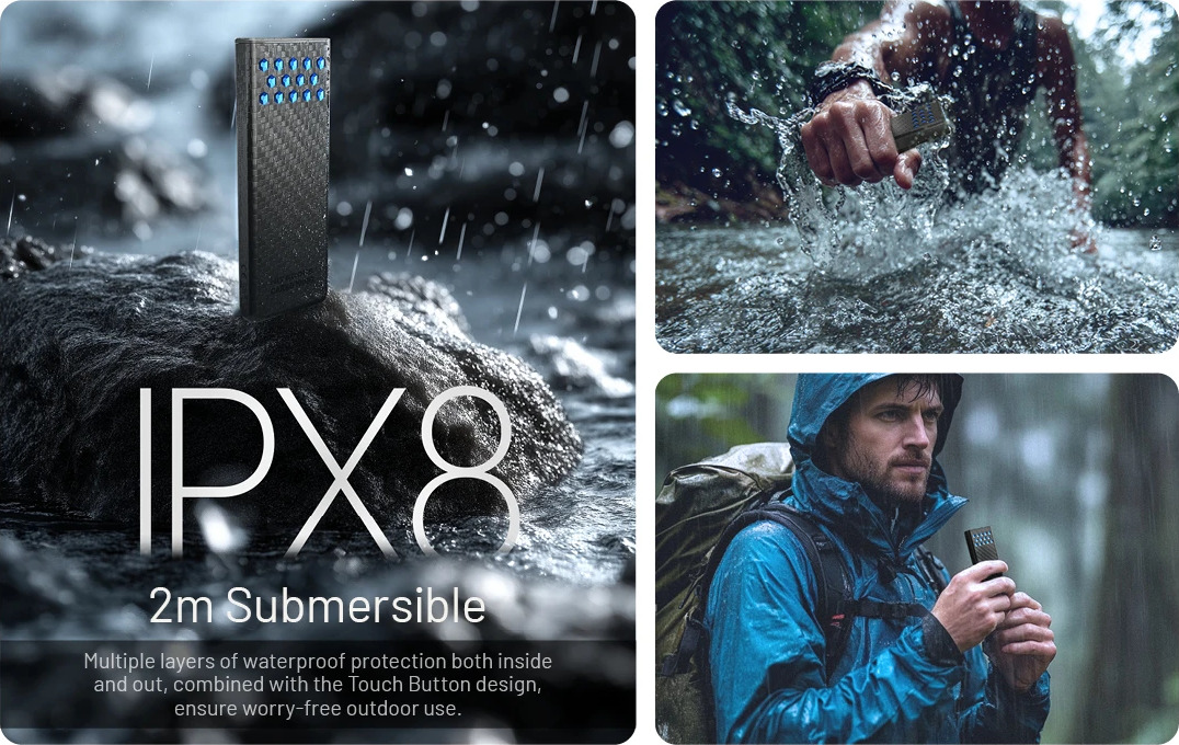 Nitecore CARBO 10000 Gen2 krytie IPX8 — mokrá powerbanka na skale v potoku a turista v lejaku