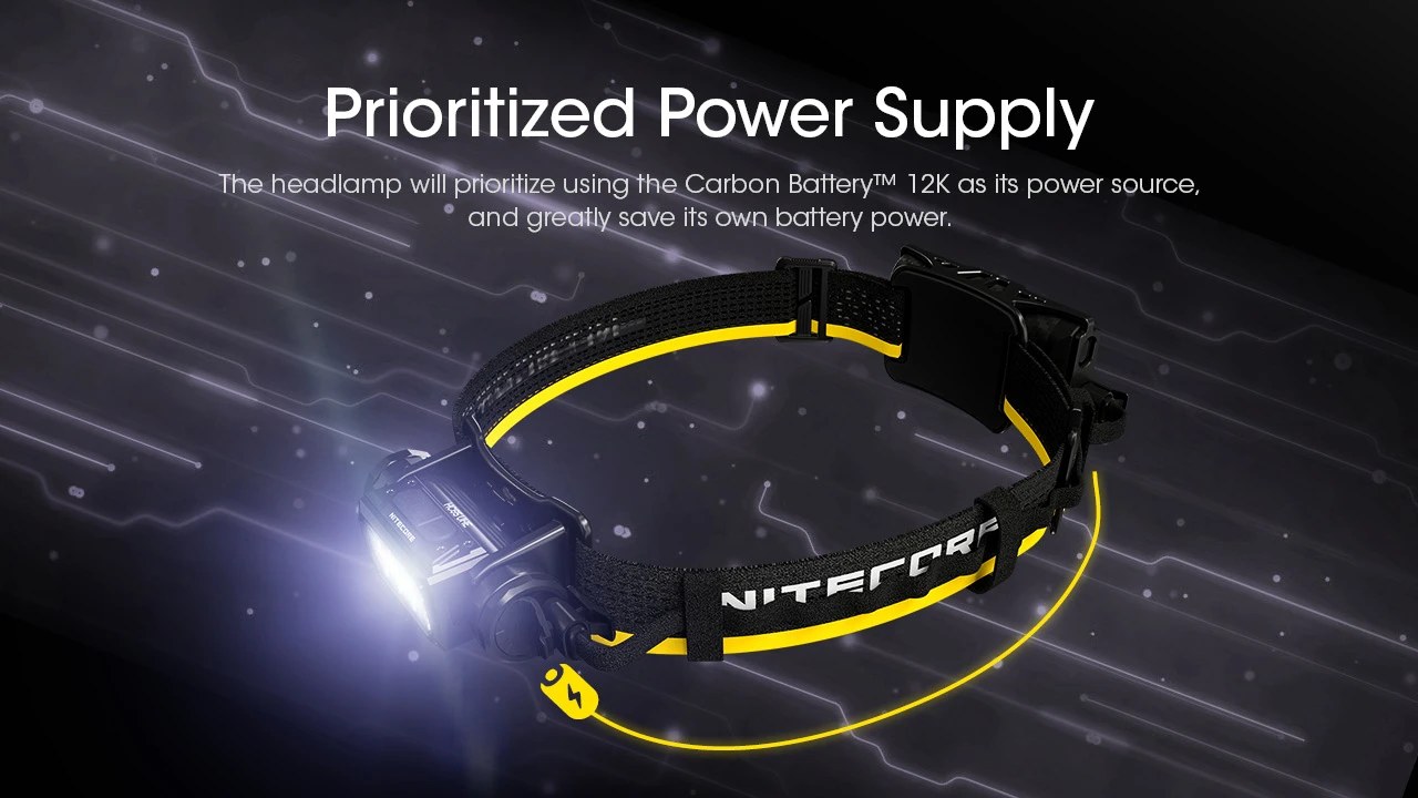 Nitecore Carbon Battery 12K Kit Prioritized Power Supply — čelovka čerpá najprv z externej batérie a šetrí vlastný článok