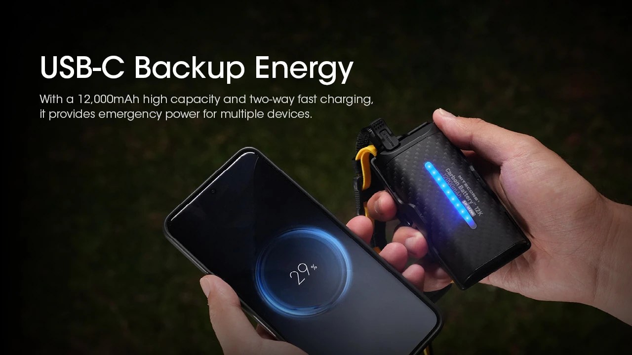 Nitecore Carbon Battery 12K ako USB-C powerbanka — dobíjanie telefónu z karbónovej batérie 12000 mAh v teréne
