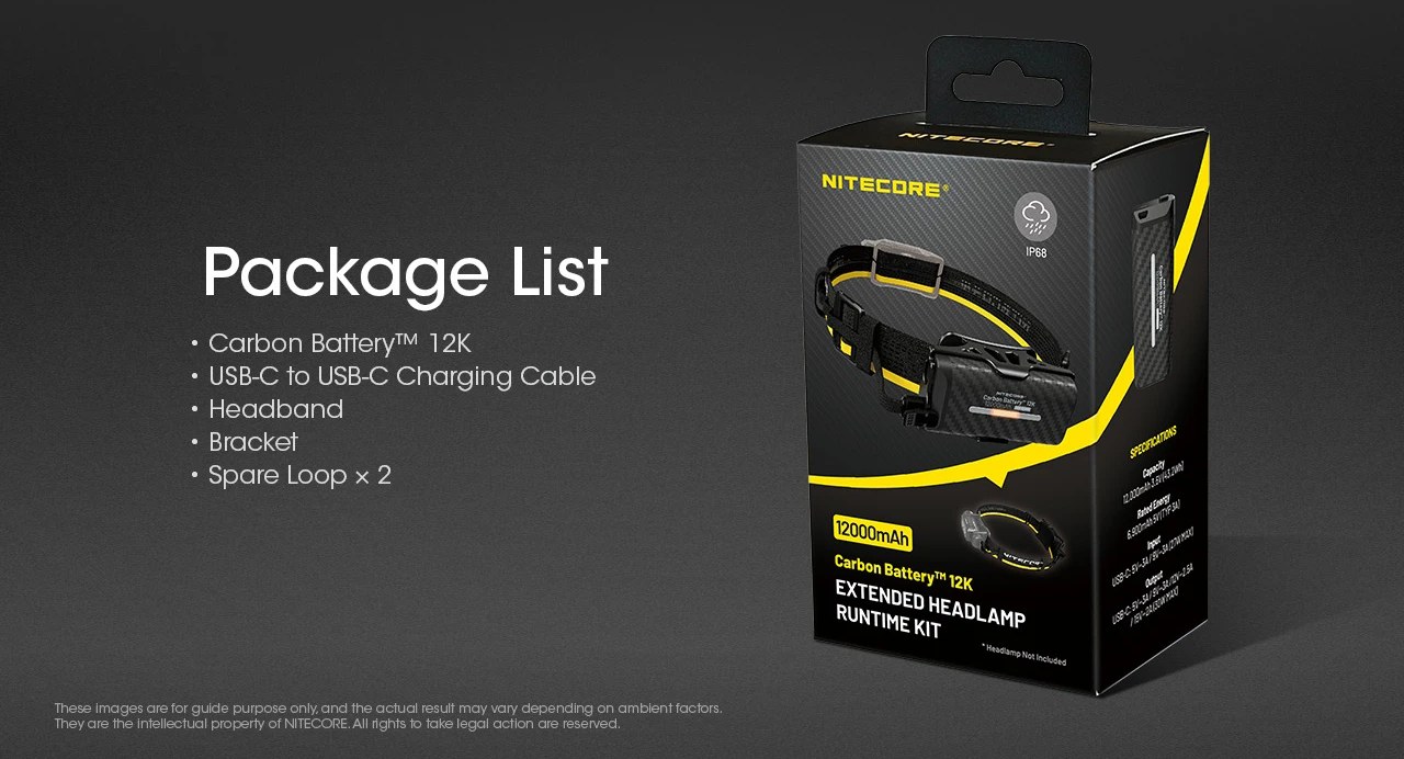 Nitecore Carbon Battery 12K Kit obsah balenia — batéria, kábel USB-C, čelenka, držiak a dve náhradné slučky