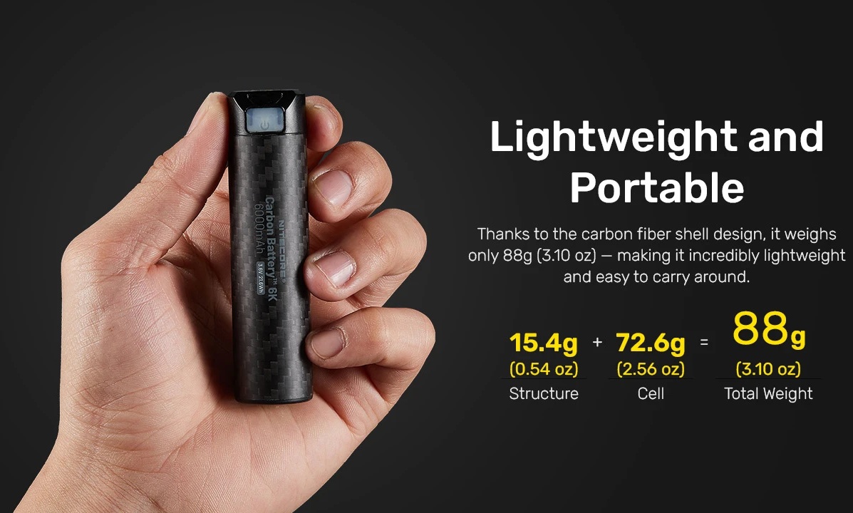Nitecore Carbon Battery 6K hmotnosť 88 g — rozpad na 15,4 g konštrukcie a 72,6 g článku v ruke