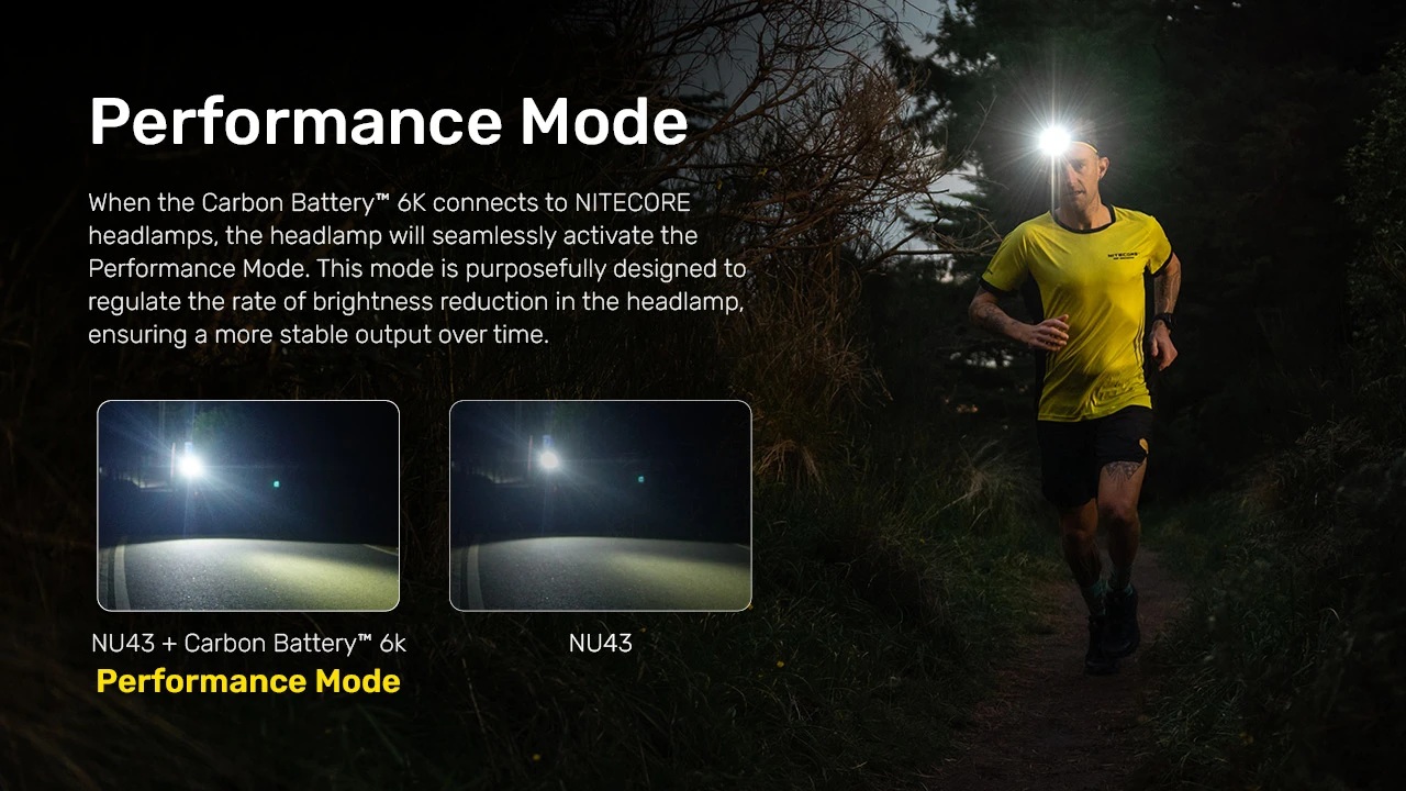 Nitecore Carbon Battery 6K Performance Mode — porovnanie svetla čelovky NU43 s batériou a bez nej