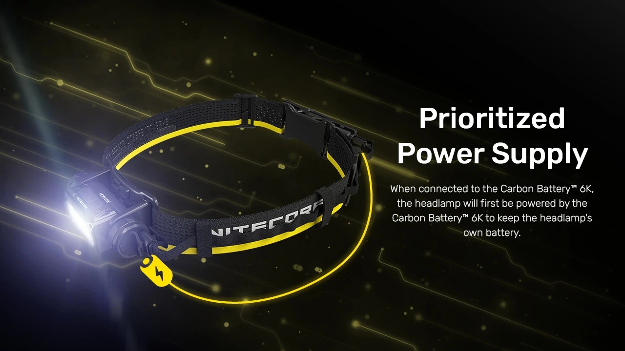 Nitecore Carbon Battery 6K Prioritized Power Supply — čelovka čerpá najprv z externej batérie a šetrí vlastný článok