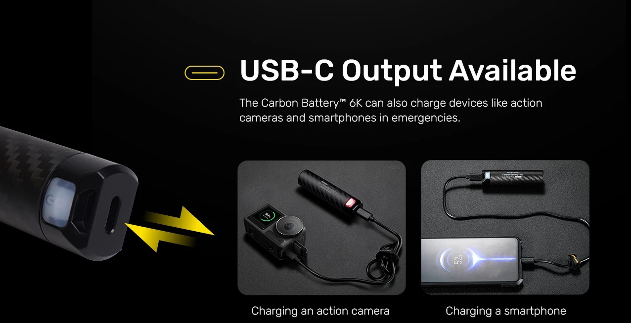 Nitecore Carbon Battery 6K USB-C výstup 5 V 2 A — nabíjanie akčnej kamery a smartfónu z karbónovej batérie