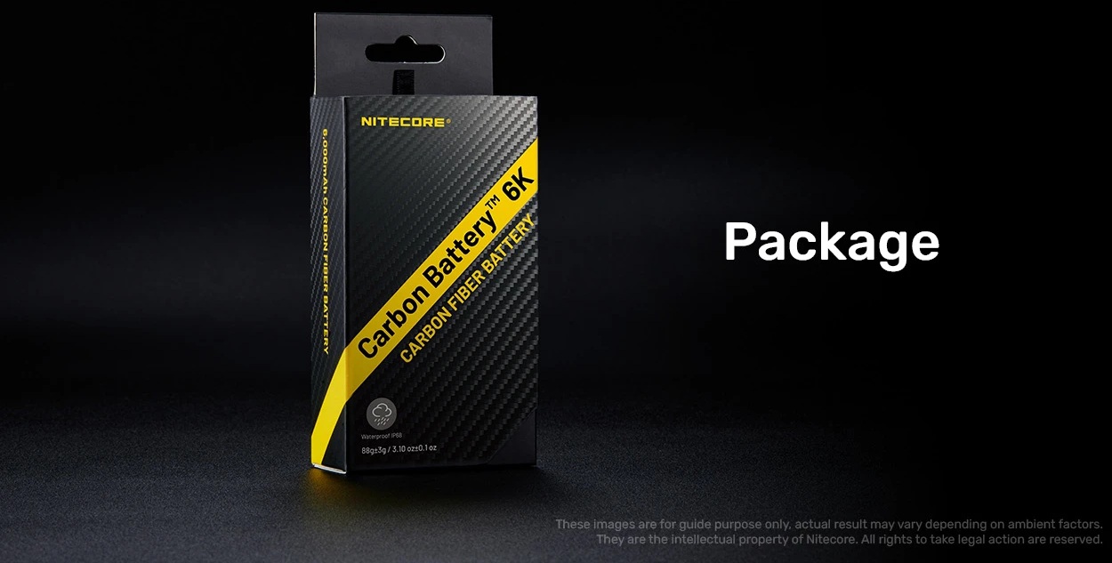 Nitecore Carbon Battery 6K predajné balenie — krabička s ikonou Waterproof IP68 a hmotnosťou 88 g