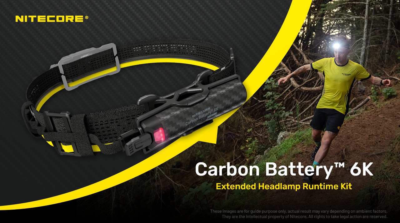Nitecore Carbon Battery 6K Extended Headlamp Runtime Kit — čelenka s karbónovou batériou v držiaku pri nočnom behu