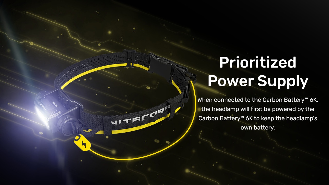 Nitecore Carbon Battery 6K Kit Prioritized Power Supply — čelovka čerpá najprv z externej batérie a šetrí vlastný článok